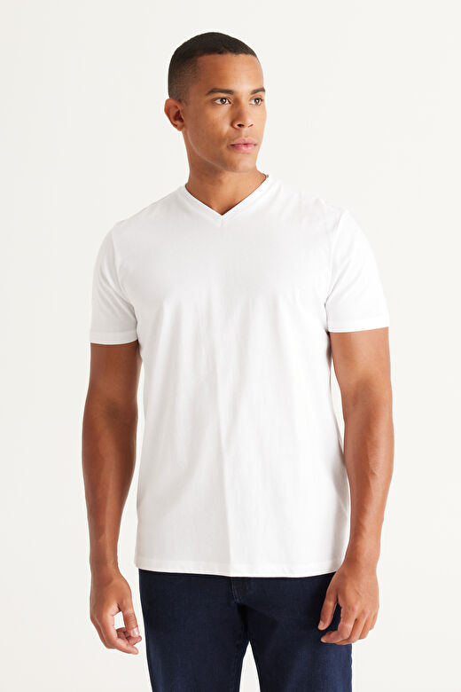 Erkek Beyaz Slim Fit Dar Kesim V Yaka Pamuklu V Yaka Kısa Kollu Tişört 2