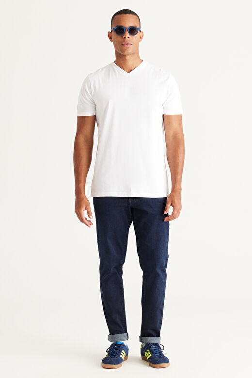 Erkek Beyaz Slim Fit Dar Kesim V Yaka Pamuklu V Yaka Kısa Kollu Tişört 4