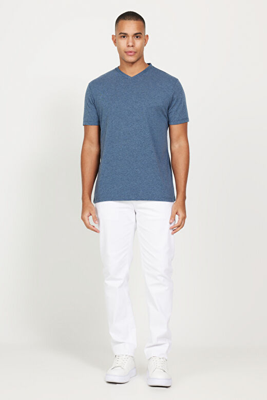 Erkek İndigo Melanj Slim Fit Dar Kesim V Yaka Pamuklu V Yaka Kısa Kollu Tişört 2