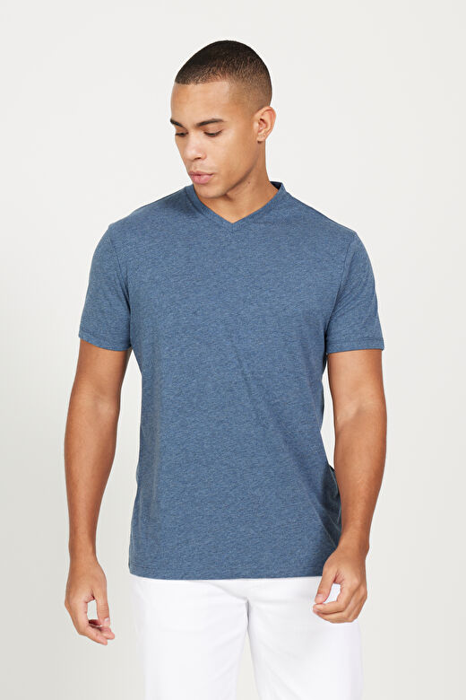 Erkek İndigo Melanj Slim Fit Dar Kesim V Yaka Pamuklu V Yaka Kısa Kollu Tişört 4