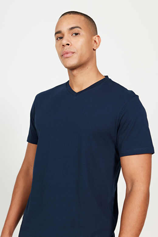 Erkek Lacivert Slim Fit Dar Kesim V Yaka Pamuklu V Yaka Kısa Kollu Tişört 3