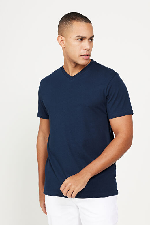 Erkek Lacivert Slim Fit Dar Kesim V Yaka Pamuklu V Yaka Kısa Kollu Tişört 4