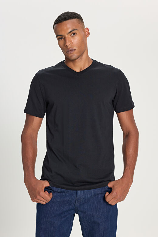 Erkek Siyah Slim Fit Dar Kesim V Yaka Pamuklu V Yaka Kısa Kollu Tişört 3