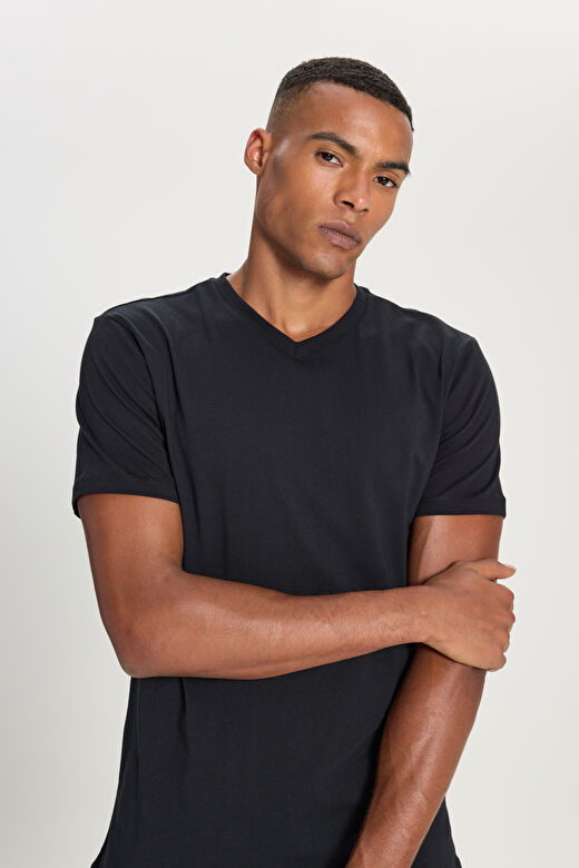 Erkek Siyah Slim Fit Dar Kesim V Yaka Pamuklu V Yaka Kısa Kollu Tişört 4