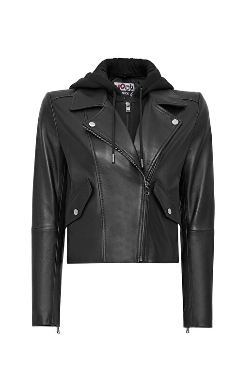 Smart Kadın Siyah Kapüşonlu Biker Deri Ceket 24WGM5262R3 1