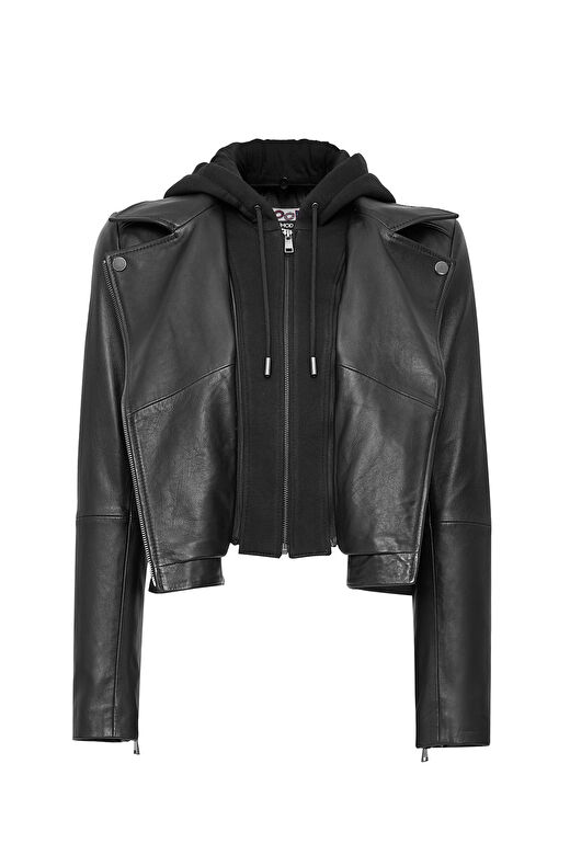 Smart Kadın Siyah Kapüşonlu Biker Deri Ceket 24WGM5262R3 4
