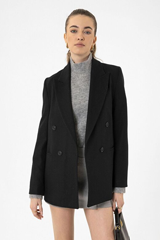 Antioch Siyah Kadın Yün Karışımlı Balıksırtı Desenli Blazer Ceket 2
