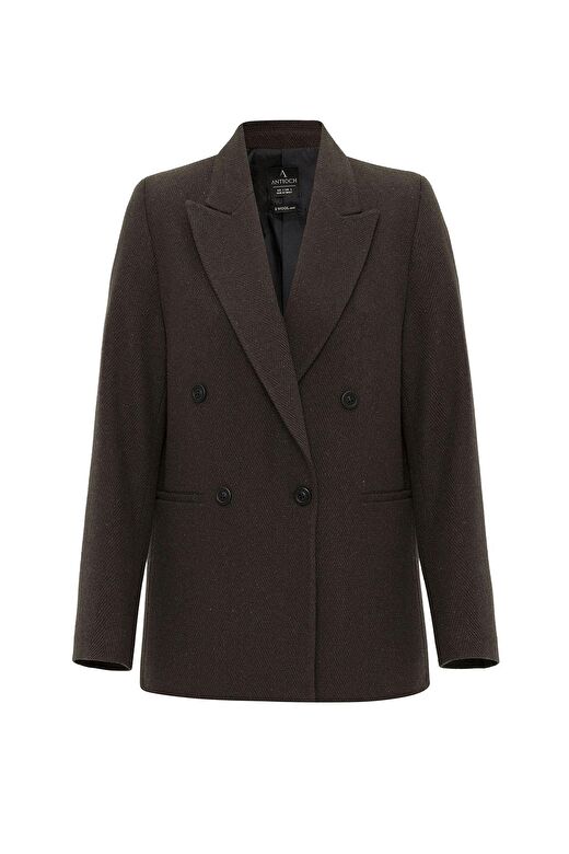 Antioch Kahve Kadın Yün Karışımlı Balıksırtı Desenli Blazer Ceket 2