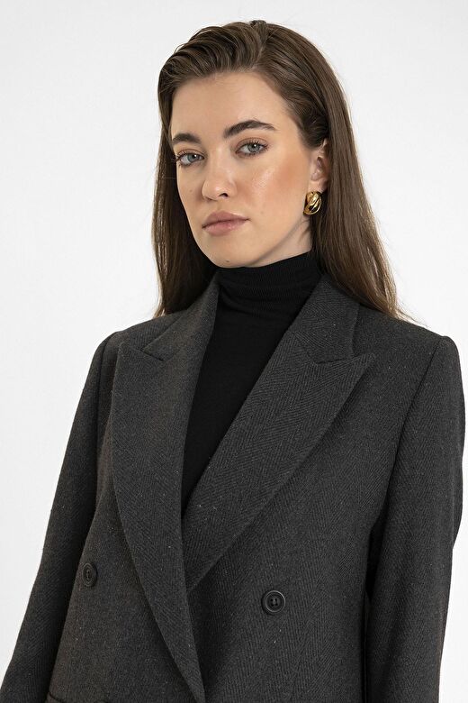 Antioch Antrasit Kadın Yün Karışımlı Balıksırtı Desenli Blazer Ceket 4