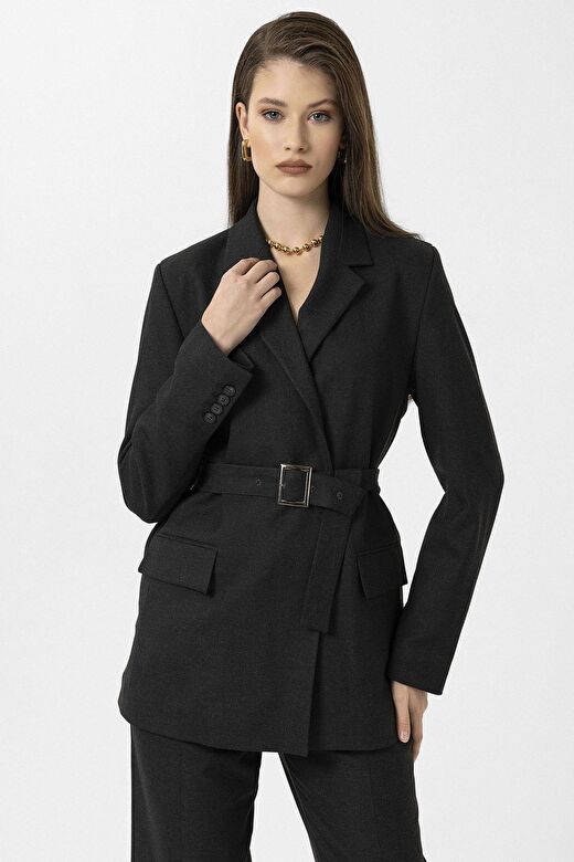Antioch Siyah Kadın Kemerli Blazer Ceket 3