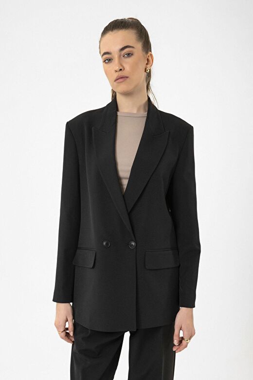 Antioch Siyah Kadın Kruvaze Kapama Oversize Blazer Ceket 1