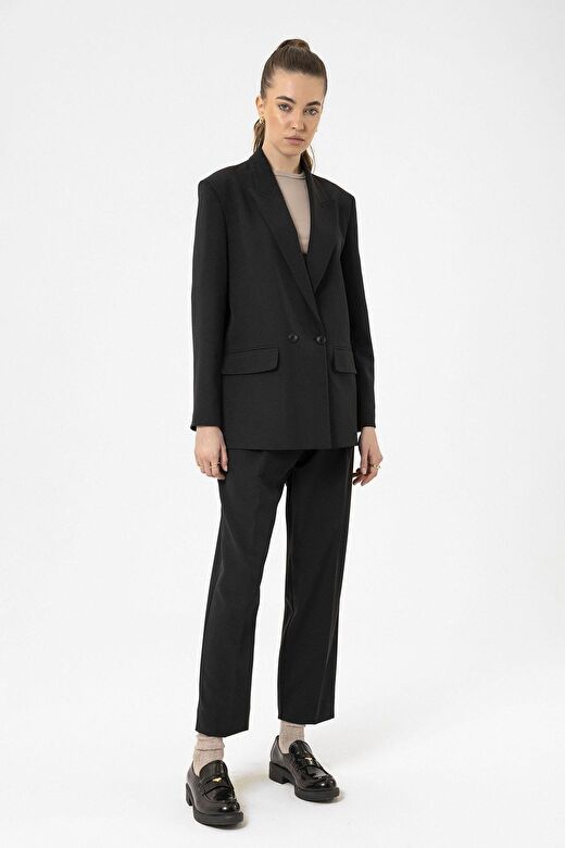 Antioch Siyah Kadın Kruvaze Kapama Oversize Blazer Ceket 3