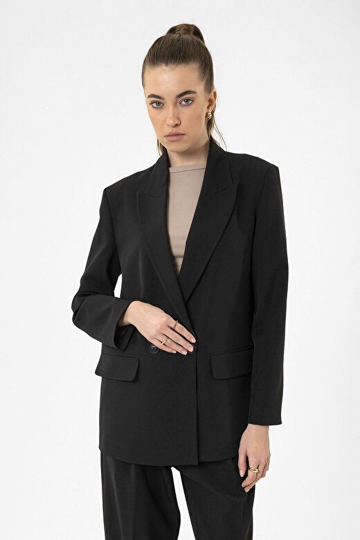 Antioch Siyah Kadın Kruvaze Kapama Oversize Blazer Ceket 4