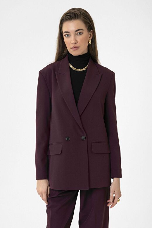 Antioch Bordo Kadın Kruvaze Kapama Oversize Blazer Ceket 1