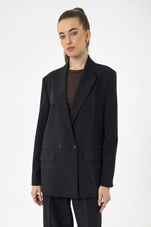 Antioch Lacivert Kadın Kruvaze Kapama Oversize Blazer Ceket 2