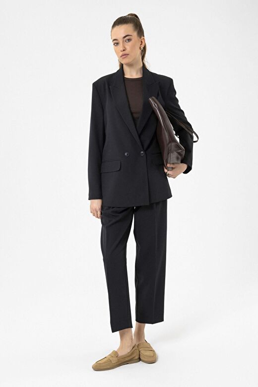 Antioch Lacivert Kadın Kruvaze Kapama Oversize Blazer Ceket 4