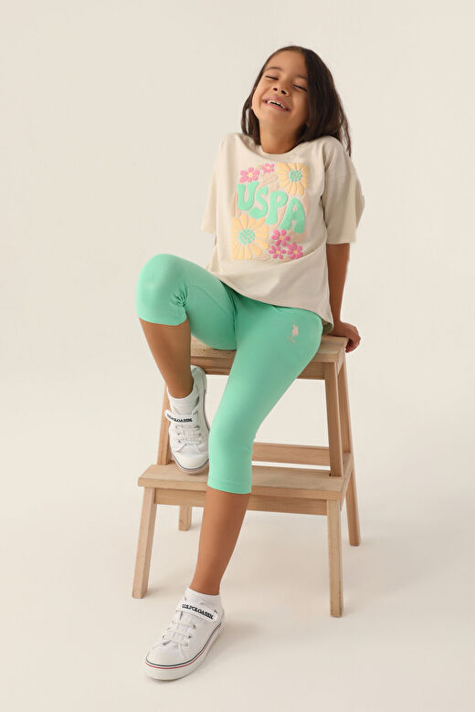 U.S. Polo Assn Lisanslı Flower Bej Kız Çocuk Kapri Takım 3