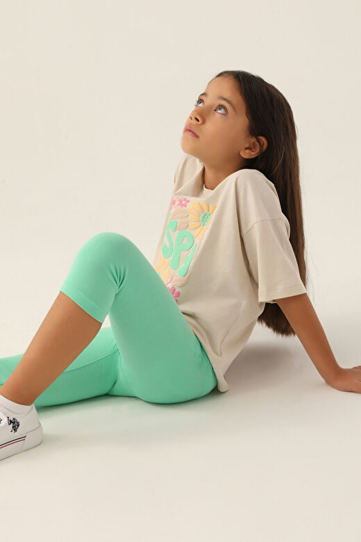 U.S. Polo Assn Lisanslı Flower Bej Kız Çocuk Kapri Takım 2