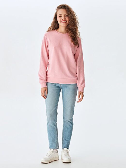 Düz Sıfır Yaka Uzun Kollu Basıc Pembe Sweatshırt 2