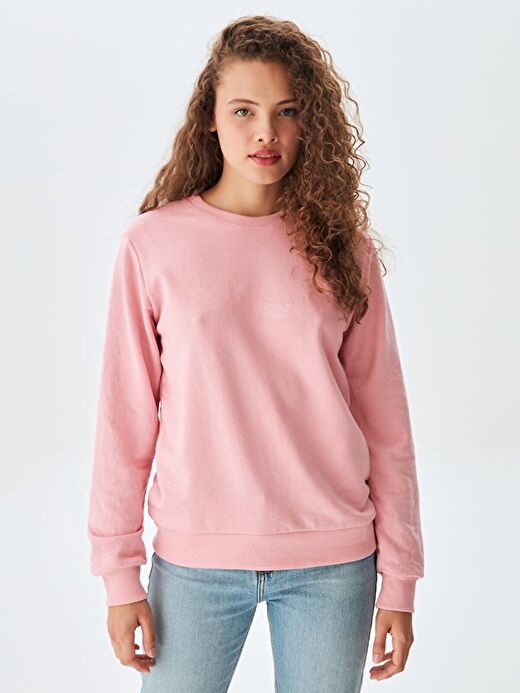 Düz Sıfır Yaka Uzun Kollu Basıc Pembe Sweatshırt 1
