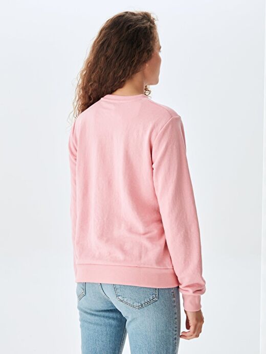 Düz Sıfır Yaka Uzun Kollu Basıc Pembe Sweatshırt 3