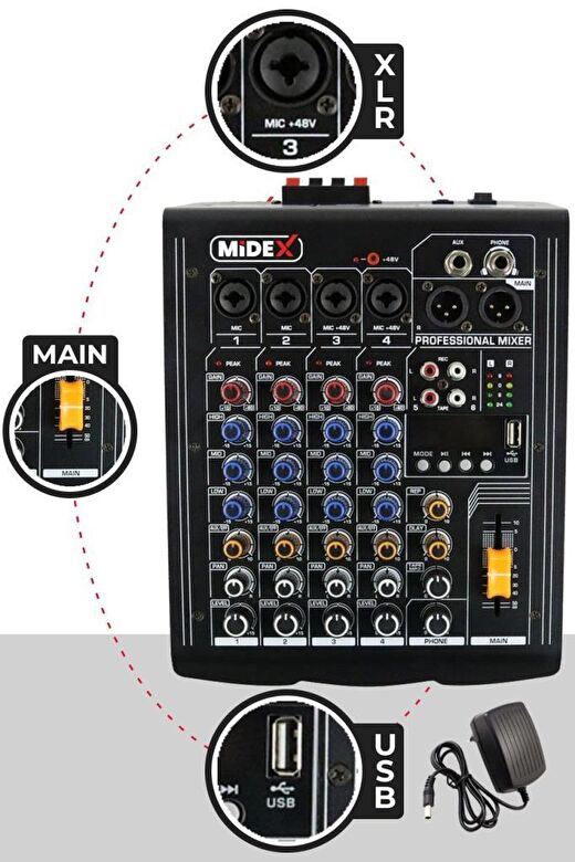 Midex MP-400 Amfili Power Mikser 2x200 WATT 4 Kanal (Bluetooth USB Efekt Kayıt) 1