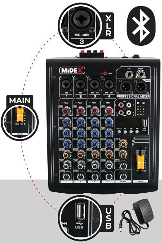 Midex MP-400 Amfili Power Mikser 2x200 WATT 4 Kanal (Bluetooth USB Efekt Kayıt) 3