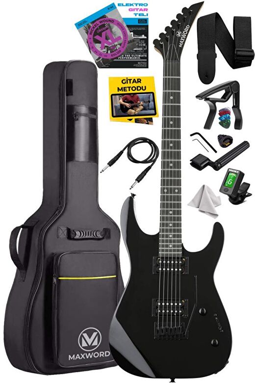 Maxword Grade Black Rosewood Klavye HH Yüksek Kaliteli Floyde Rose Elektro Gitar 1