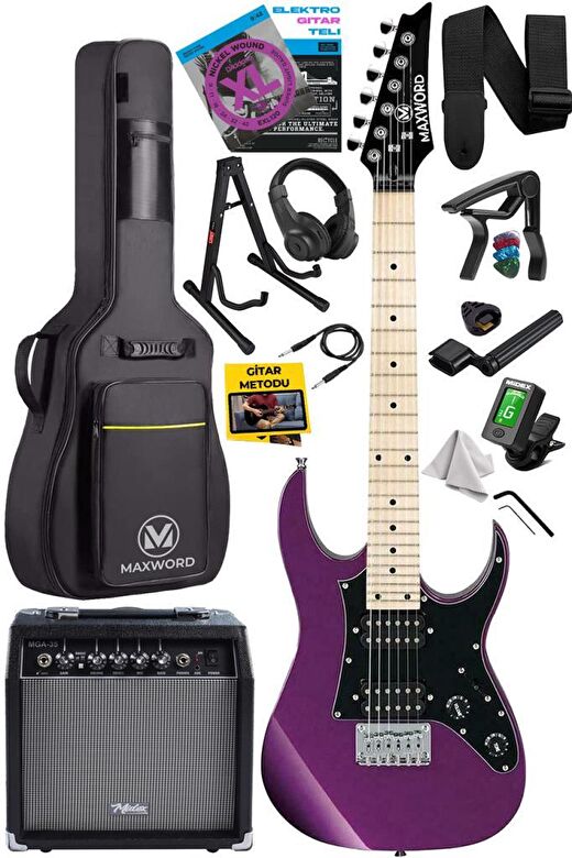 Maxword DE-150PU-35AMP Maple Klavye HH Yüksek Kaliteli 35W Amfili Elektro Gitar Seti 1