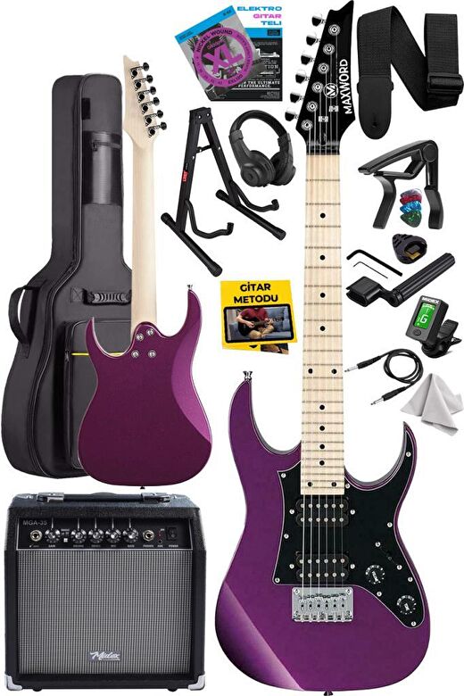 Maxword DE-150PU-35AMP Maple Klavye HH Yüksek Kaliteli 35W Amfili Elektro Gitar Seti 2