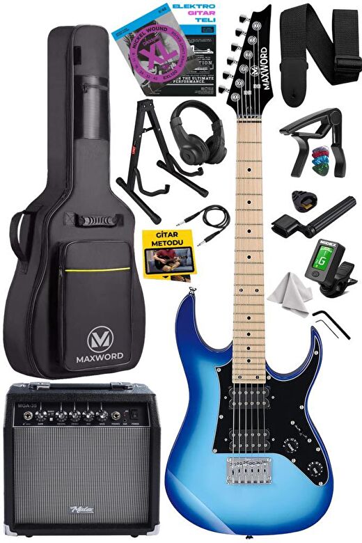 Maxword DE-150BL-35AMP Maple Klavye HH Yüksek Kaliteli 35W Amfili Elektro Gitar Seti 1