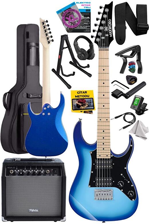 Maxword DE-150BL-35AMP Maple Klavye HH Yüksek Kaliteli 35W Amfili Elektro Gitar Seti 2