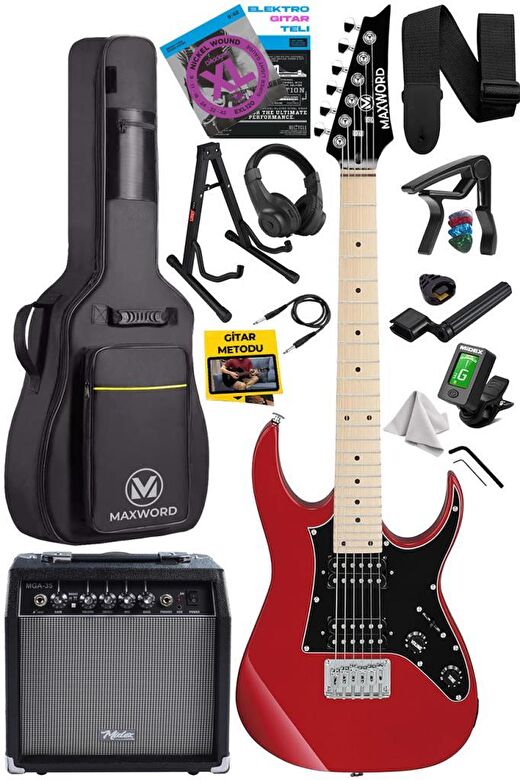 Maxword DE-150RD-35AMP Maple Klavye HH Yüksek Kaliteli 35W Amfili Elektro Gitar Seti 1