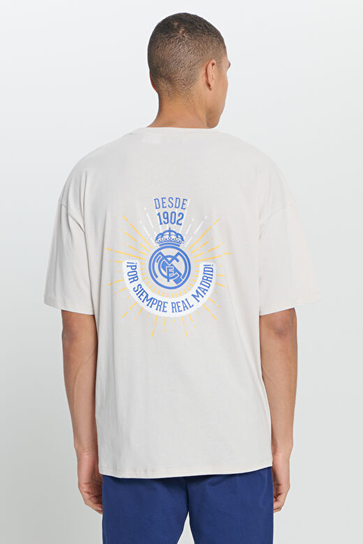 Erkek Açık Bej Real Madrid Lisanslı Oversize Fit Bol Kesim %100 Pamuk Bisiklet Yaka Tişört 3