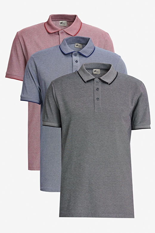 Erkek BORDO-ACIK SIYAH-ACIK LACI Slim Fit Dar Kesim 3 'lü Kıvrılmaz Polo Yaka Tişört 1