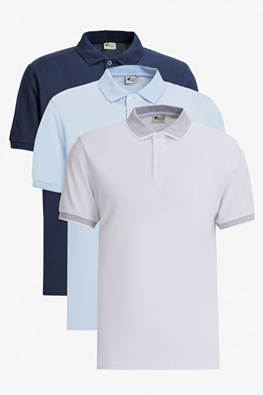 Erkek BEYAZ-LACIVERT-ACIK MAVI Slim Fit Dar Kesim 3 'lü Kıvrılmaz Polo Yaka Tişört 1