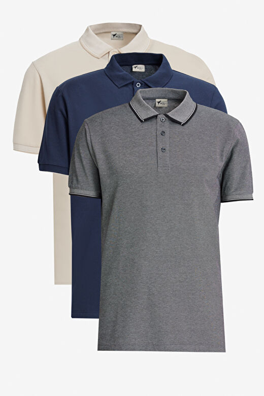 Erkek LACIVERT-ACIK BEJ BEYAZ-ACIK SIYAH Slim Fit Dar Kesim 3 'lü Kıvrılmaz Polo Yaka Tişört 1