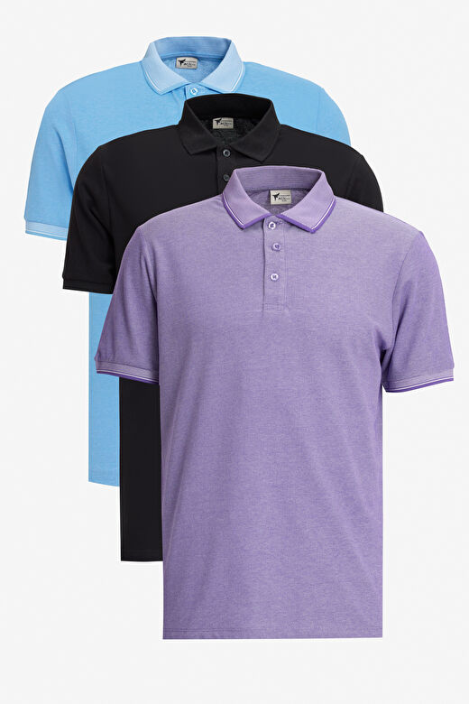 Erkek SIYAH-MAVI-MOR BEYAZ Slim Fit Dar Kesim 3 'lü Kıvrılmaz Polo Yaka Tişört 1