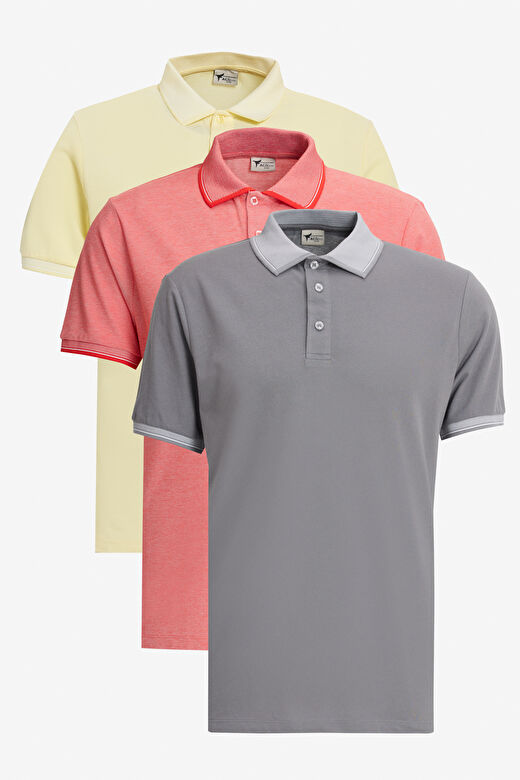 Erkek SARI BEYAZ-GRI-NAR CICEGI Slim Fit Dar Kesim 3 'lü Kıvrılmaz Polo Yaka Tişört 1