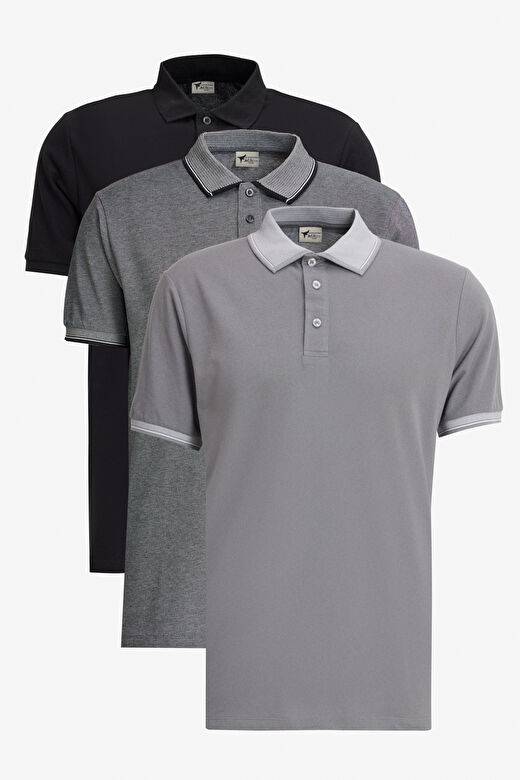 Erkek SIYAH-ACIK SIYAH-GRI Slim Fit Dar Kesim 3 'lü Kıvrılmaz Polo Yaka Tişört 1