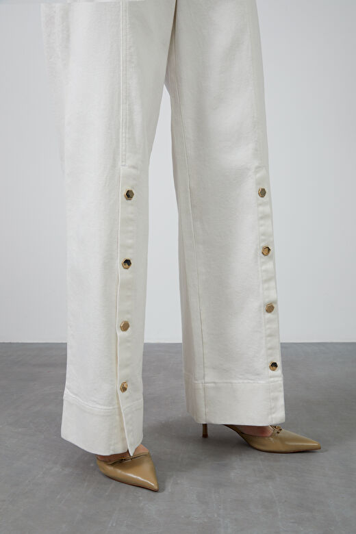 Altıgen Çıtçıt Detaylı Palazzo Ekru Denim Pantolon 2