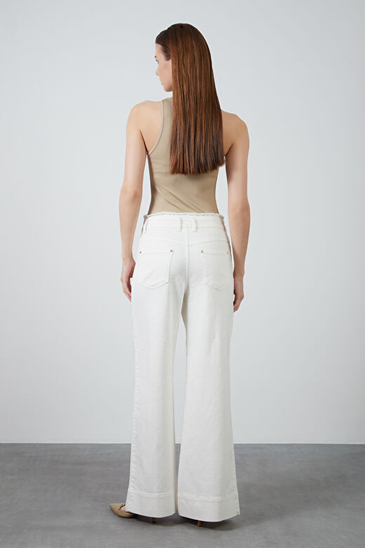 Altıgen Çıtçıt Detaylı Palazzo Ekru Denim Pantolon 4
