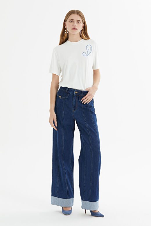 Cep Kapaklı Paçası Kemer Köprü Geçişli Geniş Paça Lacivert Denim Pantolon 1