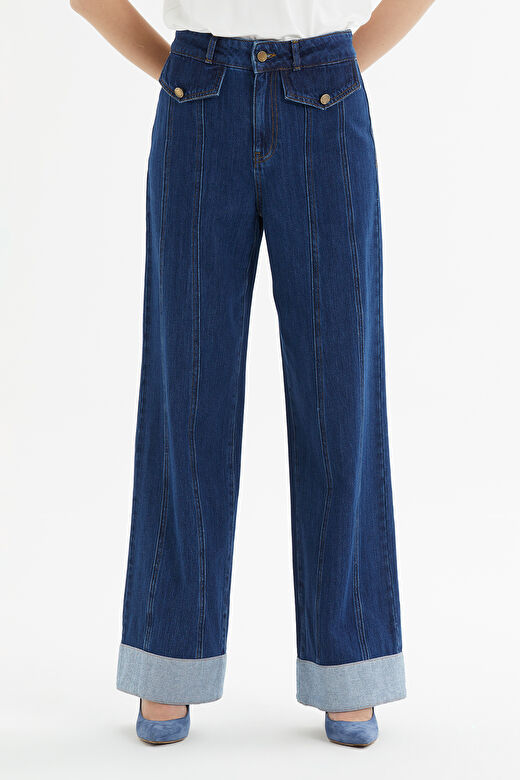 Cep Kapaklı Paçası Kemer Köprü Geçişli Geniş Paça Lacivert Denim Pantolon 3