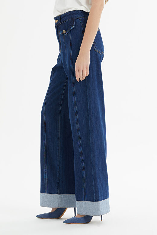 Cep Kapaklı Paçası Kemer Köprü Geçişli Geniş Paça Lacivert Denim Pantolon 4