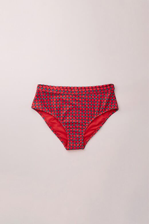 Kadın Kırmızı Renkli Retro Desenli Geniş Kenarlı Bikini Altı 1