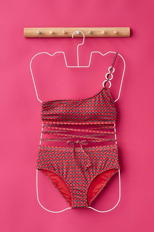 Kadın Kırmızı Renkli Retro Desenli Geniş Kenarlı Bikini Altı 2