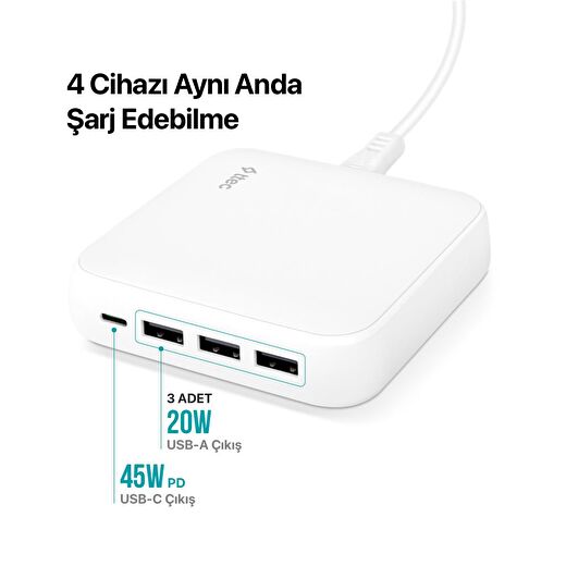ttec SmartCharger Quattro GaN 65W PD Seyahat Hızlı Şarj Aleti USB-C + 3 USB-A 3