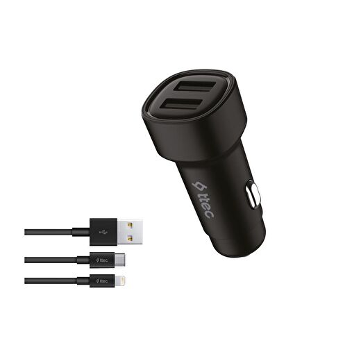 ttec SmartCharger Duo 3.1A Araç Şarj Aleti Çift USB  + USB-C ve Lightning Kablo 1
