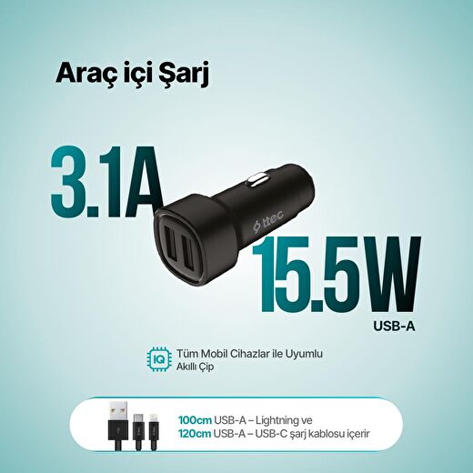 ttec SmartCharger Duo 3.1A Araç Şarj Aleti Çift USB  + USB-C ve Lightning Kablo 2